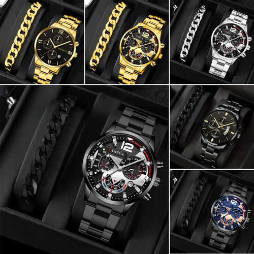 2pcs Men’s Quartz Watch & Bracelet Gift Set – Fashion